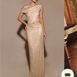 MESHKI Kenny Gold One-Shoulder Gown
